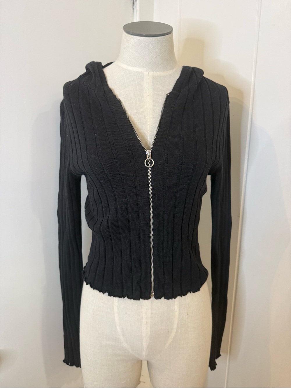 Lottie Moss Cropped Black Ribbed Zip-Up Hooded Cardigan Sz S